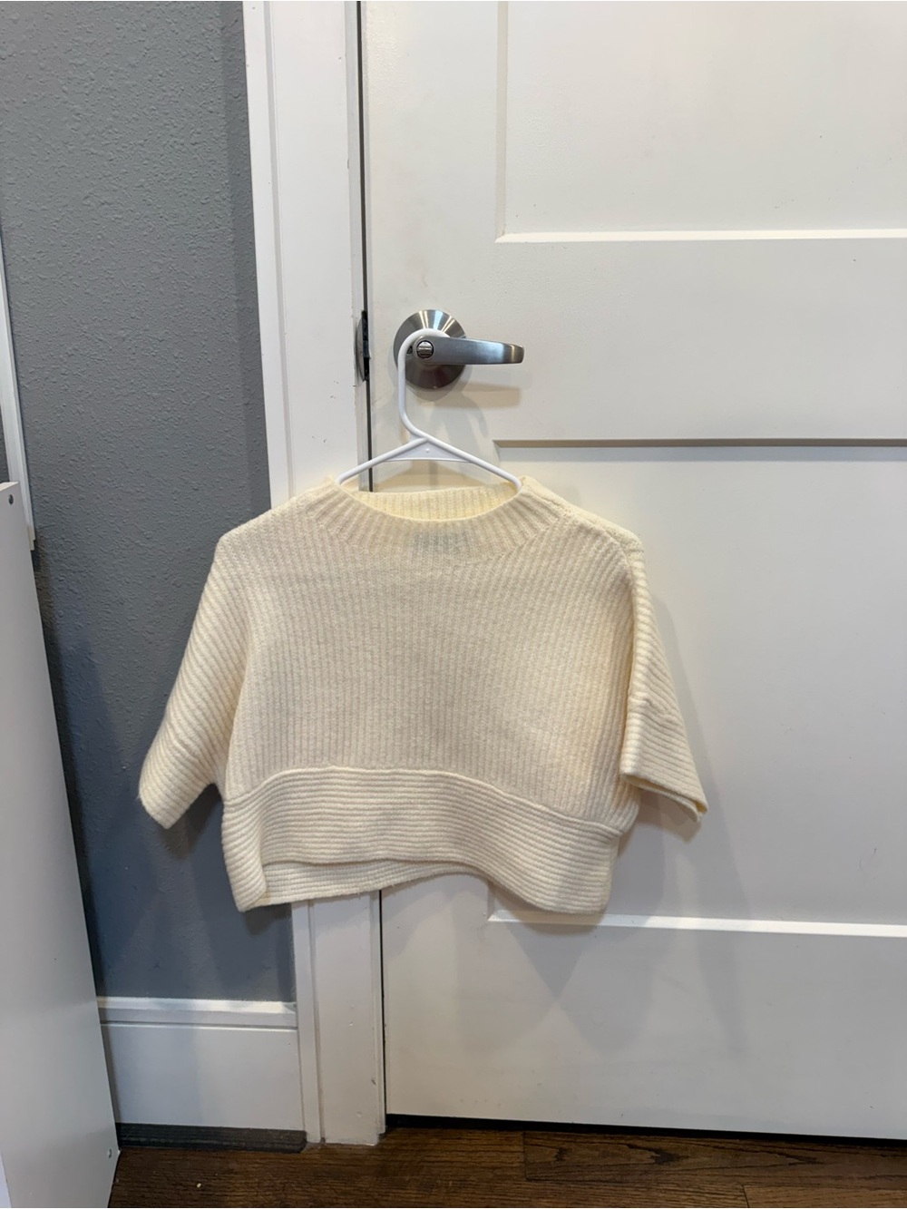 Olivaceous Cream Cropped Ribbed Knit Crewneck Sweater